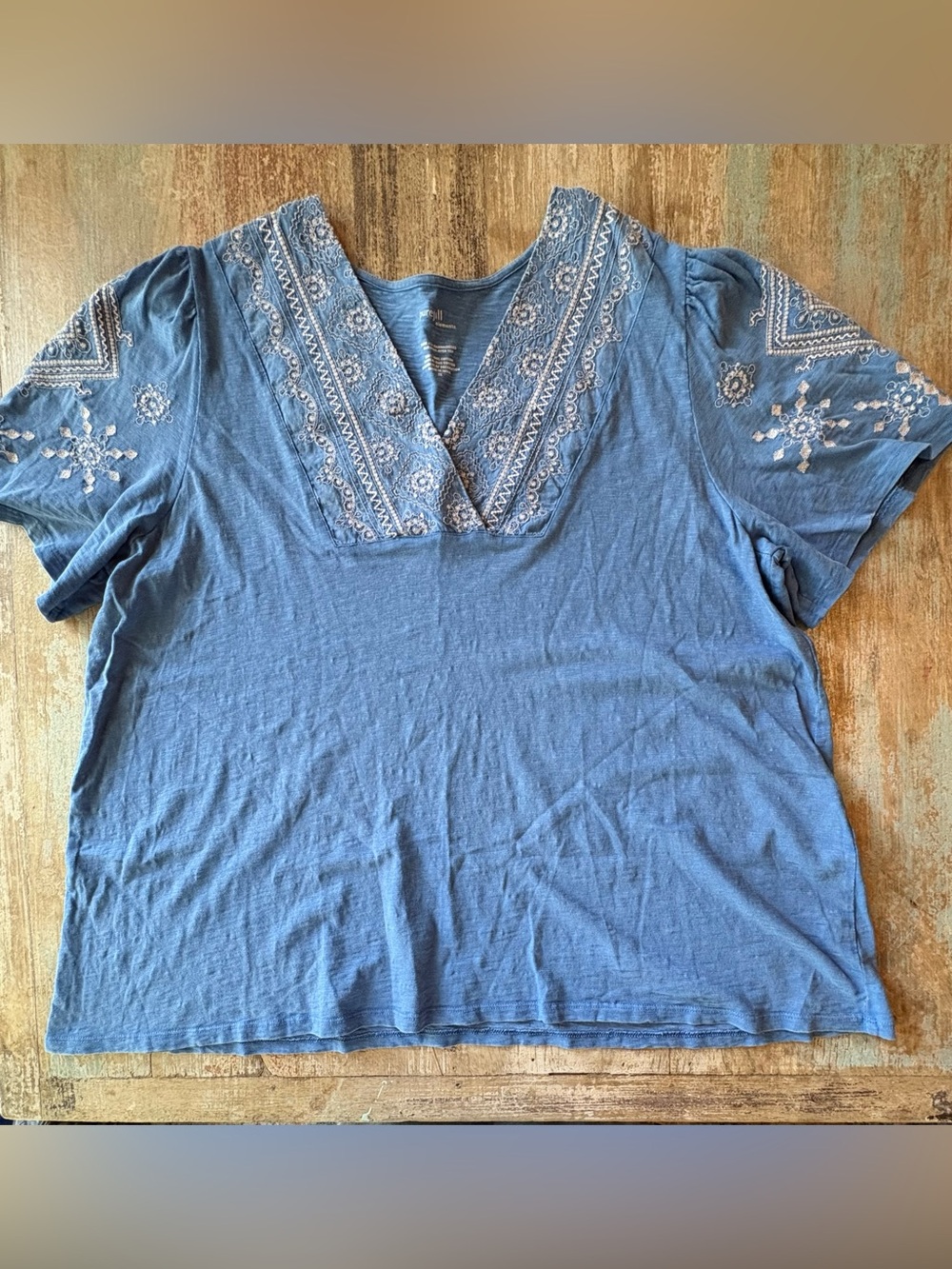 PureJill Blue Embroidered V-Neck Women’s Top